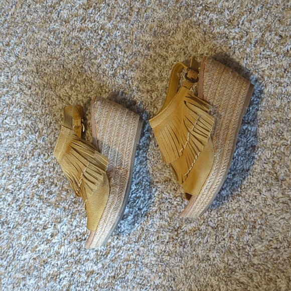 Minnetonka Jute Wrapped Fringe Platform Wedge Heels Suede Leather - Picture 2 of 3